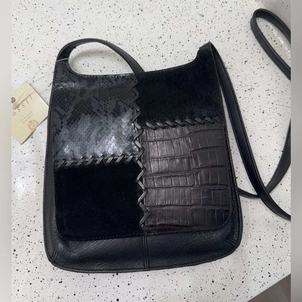NWT Fossil Black Patchwork Leather and Genuine Calf Hair, Crossbody Bag